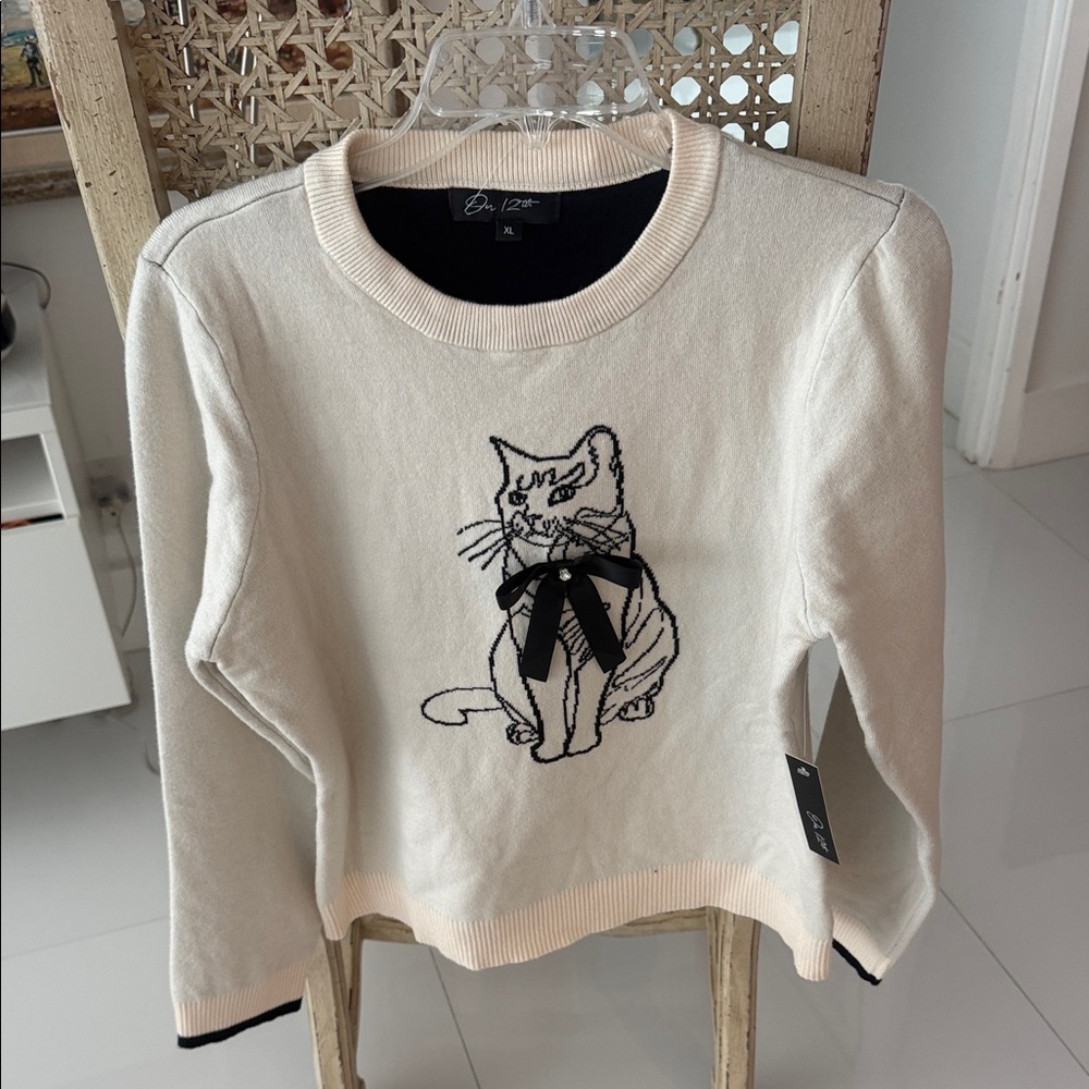 On 12th Halloween Cream & Black Luxury  Sweater with Cat Design